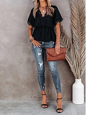 voordelige Elegante topjes-Overhemd Kanten overhemd Blouse Wit kanten overhemd Dames Zwart Wit Effen Kant Soepelvallende tuniek Straat Dagelijks Modieus V-hals Normale pasvorm S