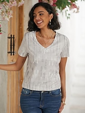 baratos Camiseta lisa-Mulheres Camiseta Listrado Básico Clássico Estampado Manga Curta Decote V Tops regulares Casual Feriado Final de semana Imprimir Branco Cinzento Verão Primavera