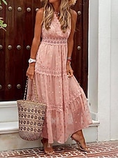 economico Abiti in pizzo bianco-Per donna Abito Lungo Maxi Abito Abito in Pizzo Abito Bianco Abito a trapezio Abito Semplice Essenziale Boho Linea A Spiaggia Vacanza Ferie Vestibilità regolare Senza Maniche Scollo a V Bianco Giallo
