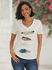abordables T-shirt Art &amp; Design-t-shirt femme basique imprimé manches courtes hauts réguliers col en V décontracté week-end blanc bleu