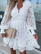 levne Bílé krajkové šaty-Dámské Bílé šaty Mini šaty Krajka s rukávem Dovolená Rande Elegantní A Do V Dlouhý rukáv Černá Bílá Fuchsiová Barva