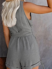 abordables grenouillère-combinaison femme sans manches col en V boutonné devant noué à la taille couleur unie lin style décontracté élégant été printemps tenue une pièce