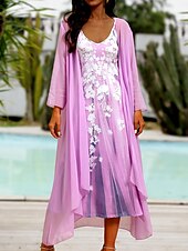 preiswerte Kleidersets-Damen Casual kleid Kleid-Set Zweiteiliges Kleid kleid lang Purpur Braun Grün Halbe Ärmel Blume Bedruckt Sommer Frühling V Ausschnitt Modisch Urlaub 2023 S M L XL XXL 3XL