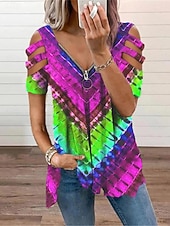 abordables Tops Graphiques pour Femmes-chemisier femme mode moderne bloc de couleurs patchwork découpé imprimé manches courtes hauts réguliers col en V décontracté noir arc-en-ciel été
