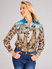 economico Animali Tops-Camicia da donna Marrone Animale Giraffa Bottoni Stampa Maniche Lunghe Quotidiano Weekend Camicia Base Collo Regolare S