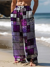 billiga Casual byxor med tryck för män-Herr Hawaiisk Färgblock Pläd / Rutig Blandad färg Byxor 3D-tryck Byxor med raka ben Medium Midja Dragsko Elastisk midja Utomhus Gata Helgdag Sommar Vår Höst Slapp form Microelastisk