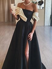 olcso Fekete-A-vonalú Estélyi Ruha Elegáns Ruha Formális Bál Padló Hosszú Nélküli Off Vállas Saten Ráncos Hasítóval
