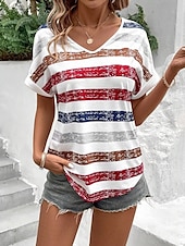 ieftine Tricou cu dungi și geometric-Tricou pentru femei T-Shirt patriotic guler în V dungi roșu alb albastru uzat cu mânecă scurtă casual de vară confortabil potrivire relaxată îmbrăcăminte de zi dimensiuni disponibile