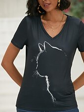 cheap Animals tee-Women's T shirt Tee Black Graphic Cat Print Short Sleeve Daily Weekend Basic V Neck Regular 3D Cat S