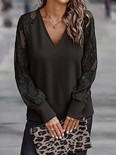economico Top in Pizzo-Top in pizzo elegante da donna con occhiello blusa alla moda moderna patchwork in pizzo maniche lunghe regolare scollatura a V casual romantico top petite estivi per le vacanze nere marroni verdi