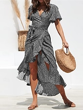 abordables Robes fleuries élégantes-robe décontractée pour femme robe portefeuille à pois à lacets à volants col en V robe longue robe maxi vacances manches courtes été