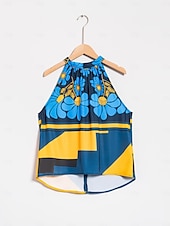 baratos camisas, tops e blusas-Mulheres Geométrico Flor / Plantas Férias Final de semana Sem Mangas Azul Franzido Amarre nas costas / na frente Sem Manga Blusas Amarrado No Pescoço Verão
