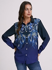 economico Top d&#039;Arte e Design per Donne-Camicia Donna Basic Giornaliera Stampa Bottoni Maniche Lunghe Top Regolari Collo Camicia Casual Blu Verde Autunno  Inverno