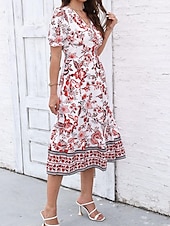preiswerte Elegante Blumenkleider-Damen Midikleid Casual kleid Schaukelkleid A Linie Kleid Sommerkleid Strassenmode A-Linie Urlaub Strasse Festtage Regular Fit Blumen Kurzarm V Ausschnitt Schwarz Rote Blau Grün Sommer