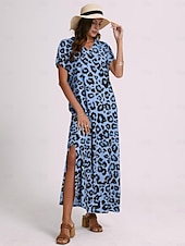levne Šaty umění a designu-Dámské maxi šaty sundress shift šaty letní šaty streetwear sexy spadlý rukáv dovolená párty prázdniny regular fit leopardí krátký rukáv V výstřih růžové modré khaki léto jaro