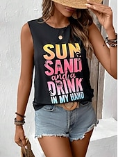 billiga Damlinnen och blusar-Damers Spaghetti Tank Top Västs Semester Tropisk Mode Bokstavstryck Ärmlös Regelbundna Toppar Crew Neck Avslappnad Svart Grå Sommar