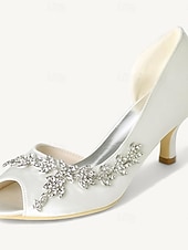 cheap Bridesmaid-Women's Wedding Shoes Bling Bling Sparkling Shoes Bridal Shoes Rhinestone Kitten Heel Peep Toe Elegant Satin Loafer Silver White Ivory