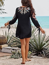 billiga svart mini klänning-Dam Mini klänning Svart klänning Mexikansk klänning Klassisk Boho Dagligen Lös passning Blommig Långärmad Rund hals Svart Sommar Vår