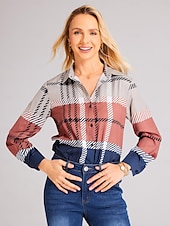 billiga Kvinnors randiga och geometriska toppar-Dam skjorta mode rutigt knappar tryck lång ärm vanlig topp skjortkrage casual röd blå khaki grå vår  höst