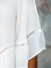 cheap Design Cotton &amp; Linen Dresses-Women&#039;s Mini Dress Linen-Inspired Dresses White Dress Casual Dress Summer Dress Basic Vacation Holiday Beach Loose Fit 3/4 Length Sleeve V Neck White Summer