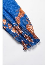 economico abito casual stampato-abito boho in chiffon con fiori tropicali e maniche a sbuffo