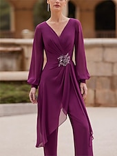cheap Mom&#039;s Jumpsuits-Sheath Mother of the Bride  Formal Wedding Guest Elegant Vintage V Neck Floor Length Chiffon  Short Sleeve with Pleats Ruched Flower 2025 free custom size
