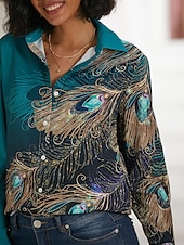 economico Top d&#039;Arte e Design per Donne-Camicia da donna Base Neon  Luminosi Bottoni Stampa Maniche Lunghe Top Regolari Collo Camicia Casual Verde Primavera Autunno