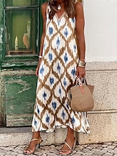 abordables Robes Bohémiennes-Femme robe longue Robe casual Robes bohème chic robe boheme Vêtement de rue Vacances Plein Air Standard Géométrique Bloc de couleur Sans Manches Col V Marron Eté