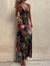 economico Abiti eleganti floreali-Per donna Abito lungo Abito lungo Abito casual Abiti Boho Chic Boemia Maxi Linea A Da mare Per eventi Taglia piccola Floreale Tropicale Senza maniche A V Nero Bianco Blu Estate