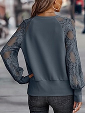 economico Top in Pizzo-Top in pizzo elegante da donna con occhiello blusa alla moda moderna patchwork in pizzo maniche lunghe regolare scollatura a V casual romantico top petite estivi per le vacanze nere marroni verdi