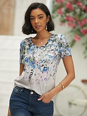 cheap Floral tee-Women&#039;s T Shirt Basic Floral Print Short Sleeve Regular Tops V Neck Holiday Weekend Pink Blue Green