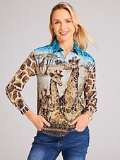 economico Animali Tops-Camicia da donna Marrone Animale Giraffa Bottoni Stampa Maniche Lunghe Quotidiano Weekend Camicia Base Collo Regolare S