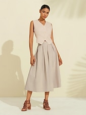 cheap Women&#039;s Skirt-Women&#039;s Linen Blend Khaki Box Pleated Midi Skirt