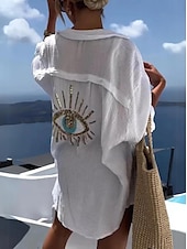 cheap Shirts-Women&#039;s Shirt Linen-Inspired Shirts Button Up Blouse Graphic Casual Beach Long Sleeve Shirt Collar Long Tops Vacation Going out Buttons Print Black White Yellow Pink Orange Spring &amp;  Fall