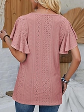 cheap Lace Tops-Women's Pointelle Shirt Eyelet Top Lace Shirt Lace Short Sleeve Flutter Sleeve Crew Neck Casual Daily Beach Blue Black White Pink Summer