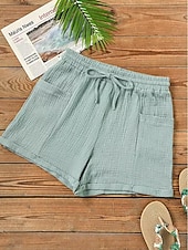 baratos Shorts de linho de algodão-Mulheres Shorts inspirados em linho chinês Calção Básico Casual Curto Cintura Alta Tecido Bolsos Design de cordão elástico Corte alto Respirabilidade Macio Micro-Elástica Casual / Diário Final de