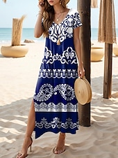 billiga Boho klänningar-Kvinnors Maxiklänning T-shirt Klänning Tee Klänning Sundress Shift Klänning Bohemisk Etnisk Drop Shoulder Semester Fest Helg Lätt Passform Etnisk Kort Ärmar V-ringad Blå Sommar Vår