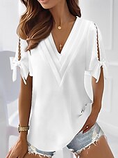 preiswerte Basic-Damenoberteile-Hemd Bluse Damen Weiß Glatt Perlenbesetzt Ausgeschnitten Strasse Täglich Modisch V Ausschnitt Regular Fit S