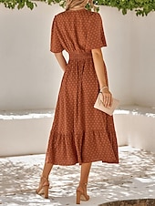 halpa Mekot-Naisten Rento mekko Midimekko Ruffle Trim Deitti Loma Katutyyli Vapaa-aika V kaula-aukko Puolihiha Ruskea Apila Aprikoosi Väri