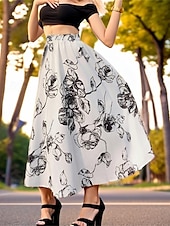abordables Faldas de gasa-Mujer Columpio Falda larga Midi Faldas Gasa Estampado Flores Diario Festivos Primavera verano Gasa Elegante Moda Negro Blanco