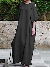 olcso design pamut és len ruhák-Női Fekete Világos bíbor khakizöld Nyár Tavasz Ősz Maxiruha Pamut vászon ruhák Fekete ruha Vintage ruha Elegáns Csehország Divat Puffos Vakáció Iroda Hétköznapi Laza öltözet Terített nyak