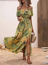 preiswerte Kleider für die Ferien-Damen Freizeitkleid Blumenblatt-Split-Print schulterfrei langes Kleid Maxikleid lässig Boho Date Urlaub 3/4 Ärmel Sommer