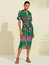 abordables Robes décontractées-Femme Robe imprimée Robe mi-longue Robe mi-longue Vert Manche Courte Plantes Froncé Eté Col V Robe Motif S M L