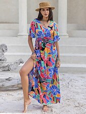 preiswerte Kleider für die Ferien-Damen kleid lang Chiffon-Kleid Elegant Böhmen Vintage Urlaub Party Täglich Lockere Passform Blumen Kurzarm Asymmetrisch Blau Sommer