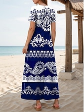 billiga Boho klänningar-Kvinnors Maxiklänning T-shirt Klänning Tee Klänning Sundress Shift Klänning Bohemisk Etnisk Drop Shoulder Semester Fest Helg Lätt Passform Etnisk Kort Ärmar V-ringad Blå Sommar Vår
