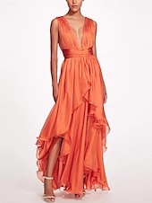 economico Abiti per feste da ballo-Abiti da prom A-Line per matrimoni in spiaggia Abito Elegante Formale Estivo Asimmetrico Senza Maniche V Collo Chiffon con Ruches