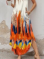 abordables Art &amp; Design Robes-Robe maxi féminine Imprimé tropical Fendue col rond Robe longue manches courtes été