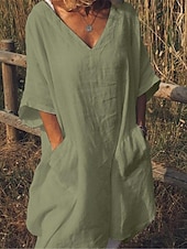 abordables Robes-Femmes Noir Blanche Rouge Été Printemps Robe Midi Robes inspirées du lin Robe Blanche Robe Chemise Basique Moderne Quotidien Week-end Coupe Ample Uni Col en V