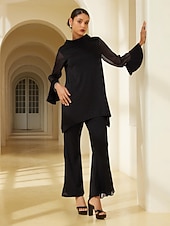 preiswerte Zweiteilige Sets-Damen Modal Chiffon Flare Manschette Stehkragen Langarm Bluse Hosen Set Date Elegant Alltagskleidung