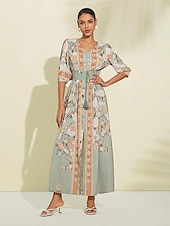 abordables Robes de fête-Robe longue en satin vert à fleurs, col en V, manches bouffantes, pour invités de fête/mariage, pour impressionner 2024